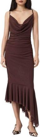 AllSaints Bea Asymmetric Hem Mesh Midi Dress in Bitter Brown at Nordstrom Rack, Size 10 Us / 14 Uk