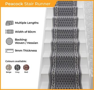 Runrug Stair Runner Carpet for Staircases - Soft & Comfy, 9mm - Peacock in Red | Size: 60 cm x 720 cm