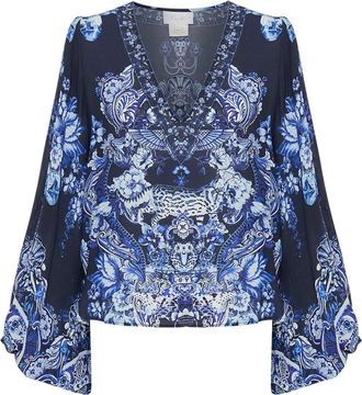 Camilla Blouse met V-hals en blouson mouwen - Blauw