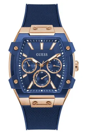 Guess Multifunction Silicone Strap Watch, 44mm x 51mm in Blue at Nordstrom