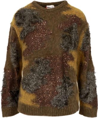 Semicouture Camouflage Wollen Trui - Dames - Ronde hals truien - Veelkleurig - S - Wol - Truien & Vesten