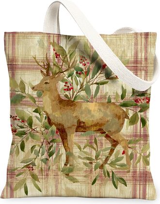 Generic Deer Canvas Tote Bags, Nature Wildlife Pattern Reusable Grocery Bags, Holiday Vintage Linen Lightweight Washable Shoulder S, Beige, 13x15 Inch