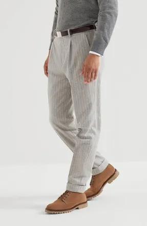 Brunello Cucinelli Virgin wool and cashmere chalk stripe flannel trousers with pleat in Light Grey at Nordstrom, Size 56