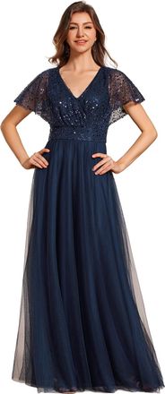 Ever-pretty Women Dress Sparkly Sequin A-Line V-Neck Tulle Formal Evening Dress Navy Blue 22UK