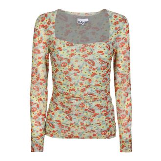 Ganni Floral Print Mesh Top - female - Ganni - Long Sleeve T-Shirts - Multicolor - L - Tops