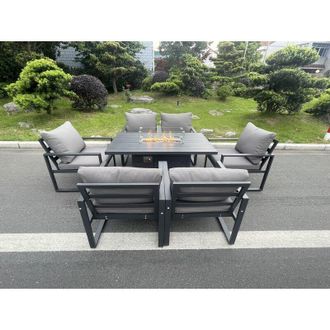 Fimous Fimous Aluminum Top 6 Seat Garden Furniture Dining Set Gas Fire Pit Table And Chairs Burner Heater Patio Outdoor Dark Grey