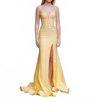 Sherri Hill Fitted Hot Fix Prom Dress With Corset Bodice In Yellow