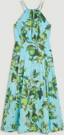 Karen Millen Womens Plus Size Lime Print Cotton Halter Neck Woven Midi Dress With Dropped Waist Detail - Multicolour - Size 22 UK