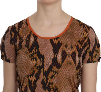 Just Cavalli Womens Snake Skin Print Short Sleeve Top T-Shirt Brown Polyamide Elastane