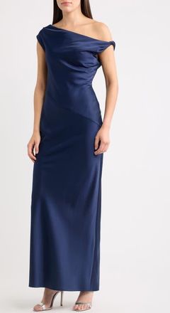Wayf Colleen One-Shoulder Drape Satin Gown in Navy at Nordstrom, Size X-Large