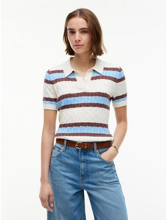 Tommy Hilfiger Womens Short-Sleeve Cable Knit Sweater Polo - Rich Cream - XXL