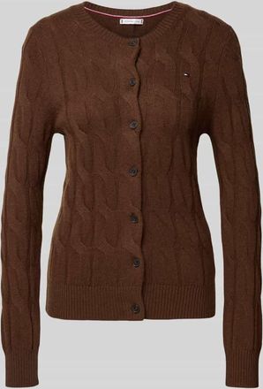 Tommy Hilfiger Regular Fit Strickjacke aus reiner Wolle mit Zopf-Muster in Mittelbraun, Größe XL