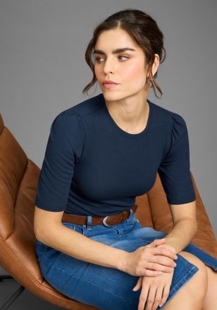 Laura Scott T-Shirt LAURA SCOTT, Damen, Gr. 32/34, navy, Jersey, Obermaterial: 95% Viskose, 5% Elasthan, unifarben, figurbetont h&uuml;ftlang, Rundhals, Puff&auml;rmel, Shi