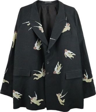 Yohji Yamamoto angels-print single-breasted blazer - men - Linen/Flax/Rayon - 2 - Black