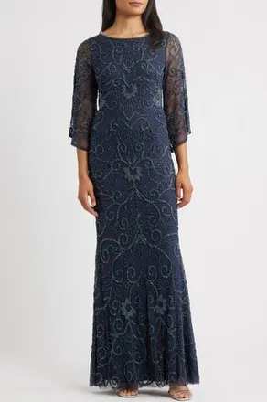Pisarro Nights Beaded Three Quarter Sleeve Gown in Slate at Nordstrom Rack, Size 2
