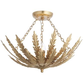 Loops Ornate Gold Flush Ceiling Light - Decorative Leaf Design Dimmable 3 Bulb Pendant