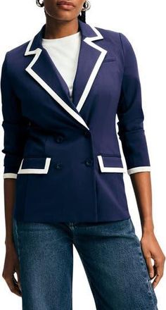 Isaac Mizrahi New York Ponte Knit Double Breasted Blazer in Navy/White at Nordstrom Rack, Size Xx-Large