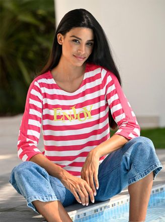 Heine 3/4-Arm-Shirt HEINE T-Shirt, Damen, Gr. 34, pink, wei&szlig;, geringelt, 95% Viskose, 5% Elasthan, bedruckt, gemustert, gestreift, mehrfarbig, Rundhals, Shi