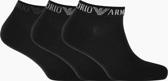 Emporio Armani Mens Cotton 3-Pair EA Logo Black Ankle Socks - Size: 16/14.5/8/15/8.5/15.5/9/13/13.5/14/6.5/7/7.5/11.5/5/12/5.5/12.5/6/3.5/3/10.5/4/11