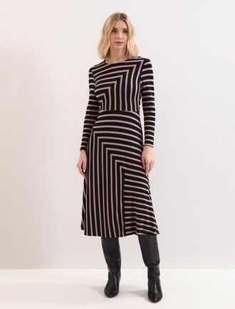 Phase Eight Mia Stripe Long Sleeve Midi Dress in Black Multi at Nordstrom, Size 10