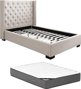 Vente-Unique Cama 120 x 200 cm con cabecero capiton&eacute; - Tela - Beige + Colch&oacute;n - MASSIMO
