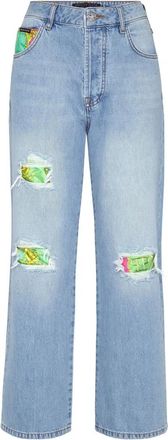 Philipp Plein Denim Broek Losse Pasvorm Inzetstuk New Baroque - Dames - Cropped Jeans - Blauw - W26 - Denim - Jeans