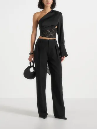 Mani&egrave;re De Voir Coralie One Sleeve Lace Wrap Top in Black at Nordstrom, Size 12
