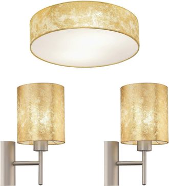 Loops Low Ceiling Light & 2x Matching Wall Lights Gold Fabric Round Trendy Lamp Shade