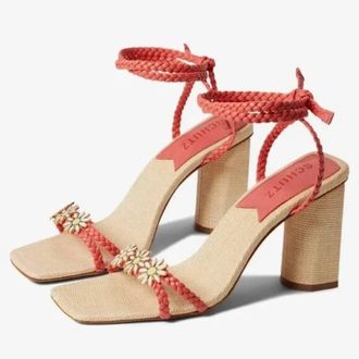 Schutz Womens Schutz Hina Sandals Coral Braided Square Toe Block Heel HTAT496
