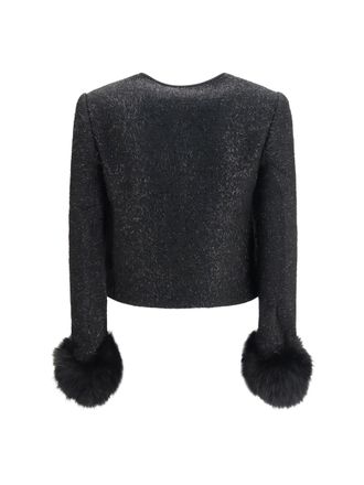 Self Portrait Metallic Boucl&eacute; with Faux Fur Cuffs Jacket - Black