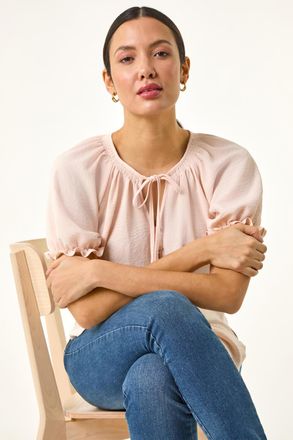 Roman Tie Front Frill Sleeve Top