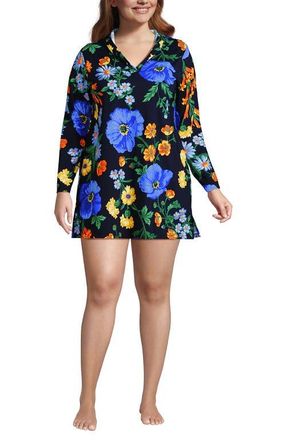 Lands End Plus Size SunShade UPF 50 Hooded Mini Swim Swim Cover-Up Dress in Navy/exploded Poppy Floral at Nordstrom, Size 1 X