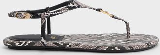 Charles & Keith Leather Snake-Print T-Bar Thong Sandals