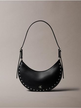 Calvin Klein Womens Hardware Monogram Studded Crescent Shoulder Bag - Black