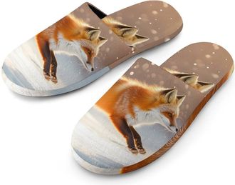 Generic Red Fox Jumping Flannel Mens Slip-on Slippers Winter Warm House Shoes with Rubber Sole for Home Hotel