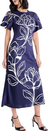 Maggy London Floral Short Sleeve Midi Dress in Navy/Ivory at Nordstrom, Size 0