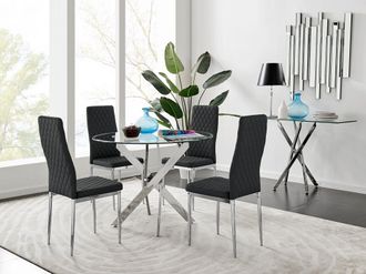 Furniturebox Novara Clear Tempered Glass 100cm Round Dining Table with Chrome Starburst Legs & 4 Milan Faux Leather Chairs in Black