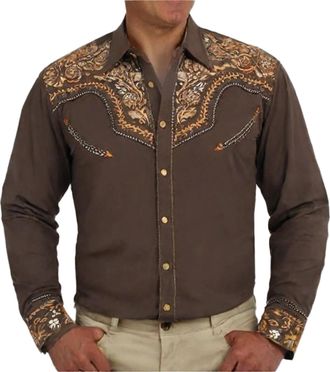 Generic Mens Retro Long Sleeve Shirts Western Embroidered Cowboy Shirts for Men Casual Button Down Long Sleeve Shirt Floral Embroidered Retro Shirt (Brown-1, 