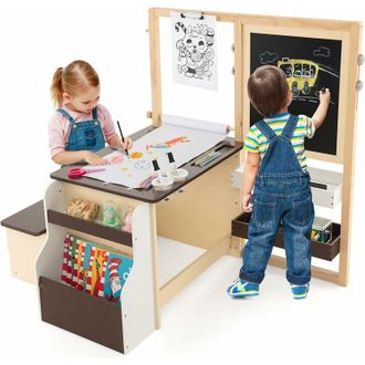 Costway Costway Caballete Infantil, Juego De Mesa Y Banco De Arte, Centro De Arte De Madera Multifuncional Con Caballete Ajustable De Doble Cara, Pizarr&oacute;n Mag