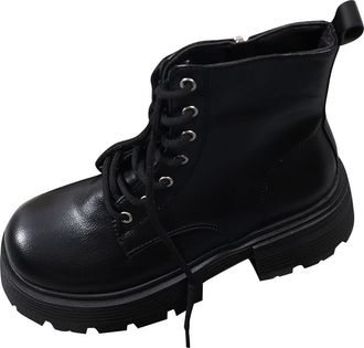 Generic Lace Up Boots Women Chunky Heel Stylish Ladies Biker Booties Retro Round Toe Side Zipper Thick Sole Non-Slip Classic Ankle Boots Daily