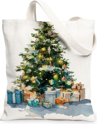 Generic Christmas Canvas Tote Bags, Holiday Tree Design Reusable Shopping Bags, Festive Decorative Lightweight Washable Shoulder Strap Canvas for Gifts Travel
