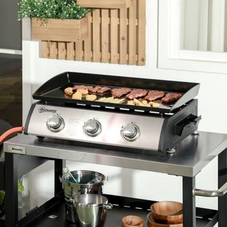OUTSUNNY Portable Gas Plancha BBQ Grill with 3 Burners, Non-Stick Griddle, Lid in Black