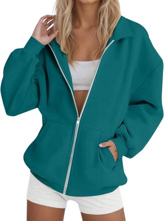Generic Womens Collared Sweatshirt Zip Up Oversized Long Sleeve Jacket without Hood Ladies Casual Lightweight Fleece Sweatshirts with Pockets Zipper Plus Size