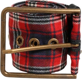 Dolce & Gabbana Geruite Stoffen Riem met Logo Plaat en Messing Gesp - Heren - Riemen - Veelkleurig - ONE Size - Leer - Accessoires