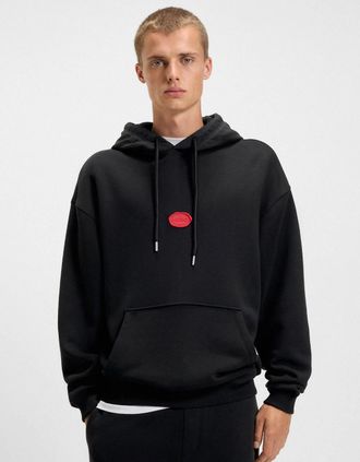 HUGO BOSS Mens HUGO Dilvano Mens Pullover Hoodie with Waxed-Stamp Logo - Black 001 - Size: 38