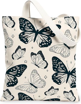 Generic Butterfly Canvas Tote Bags, Elegant Insect Design Reusable Grocery Bags, Vintage Lightweight Washable Shoulder Strap for Tr, Cream, 13x15 Inch