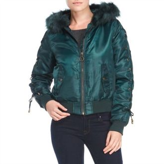 Kensie Faux Fur Hood Lace Up Crop Puffer Jacket In Green