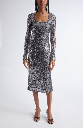St. John Sequin Long Sleeve Scoop Neck Sheath Dress in Black Silver at Nordstrom, Size 12