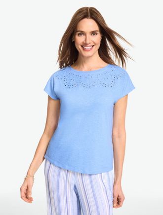 Talbots Plus Petite - Eyelet Seashell T-Shirt - Vista Blue - 1X - 100% Cotton Talbots