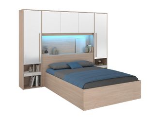 Vente-Unique Canap&eacute; abatible 140 x 190 cm con puente de cama - Con LEDs - Blanco brillante y natural - VELONA